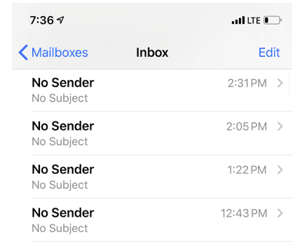 iOS 13 Mail Problems no Sender no Subject
