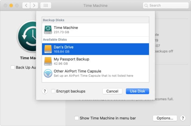 Select Disk window from Time Machine backup System Preferences
