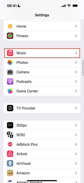 Choose Music in iOS Settings