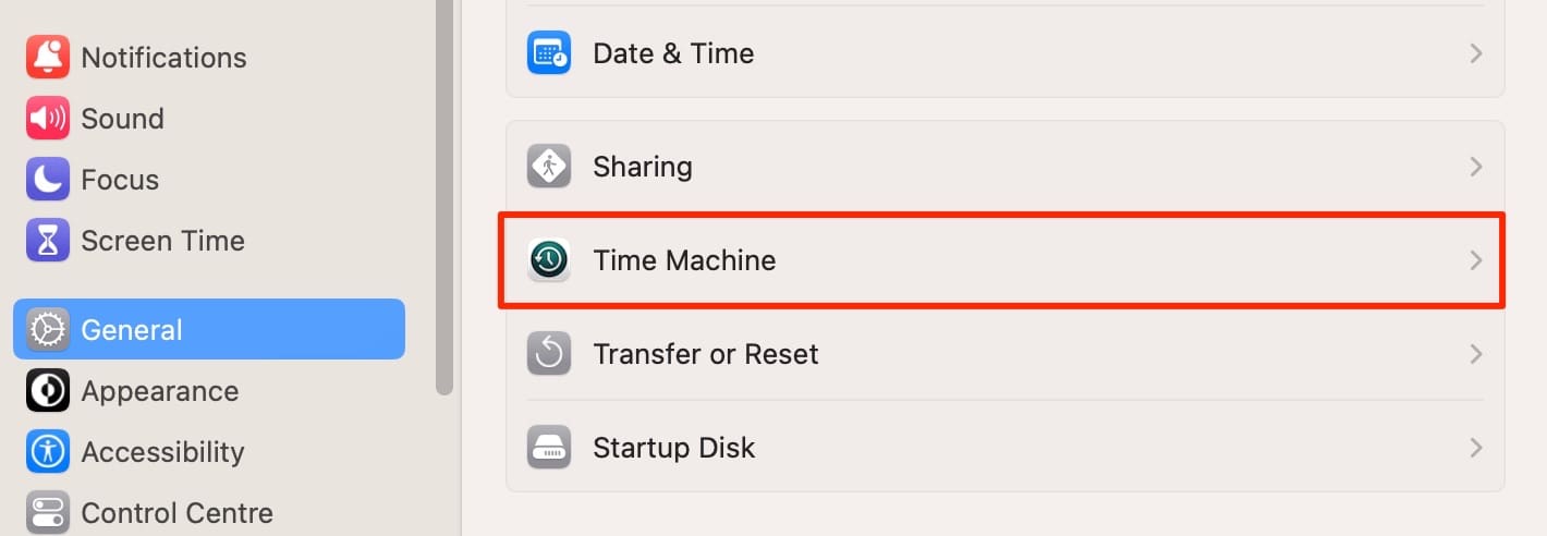 Pick Time Machine on Mac System Settings