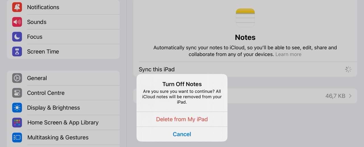 Toggle off Notes in iCloud