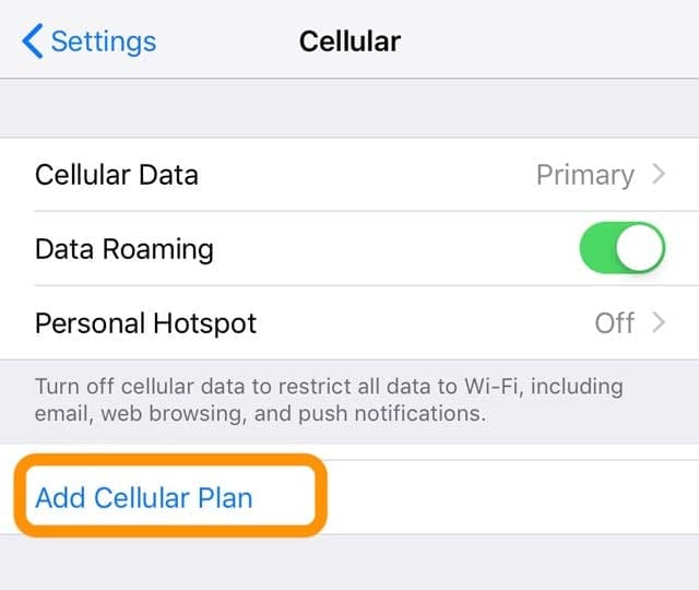 add cellular plan for eSIM on an iPhone