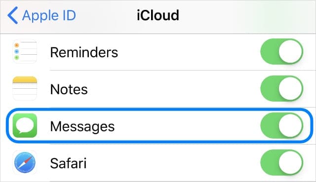 iCloud Messages option on iPhone
