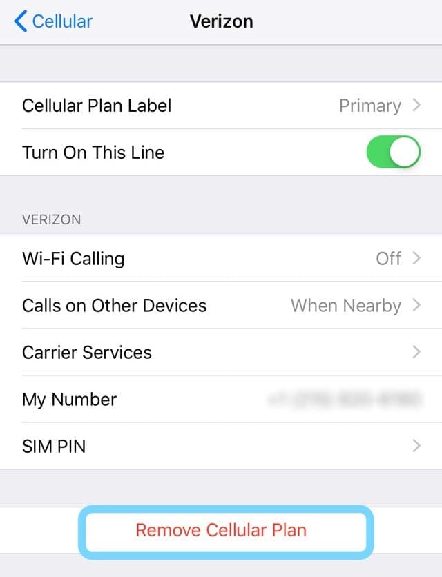 remove eSIM plan via mobile data settings on iPhone