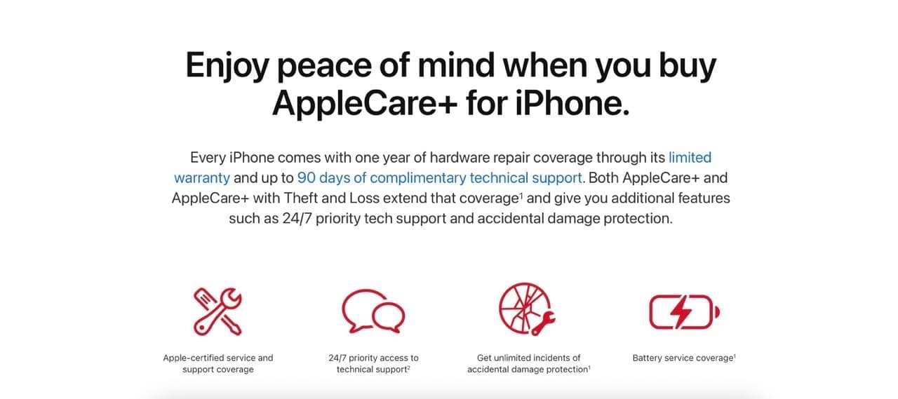 Screenshot of the Apple Care Plus Page