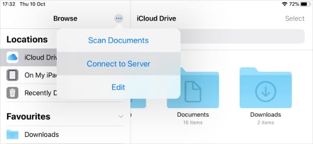 Connect to Server option in Files for iPadOS and iOS 13