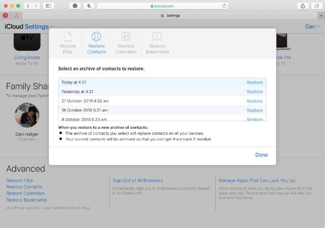 Contacts archives in iCloud website