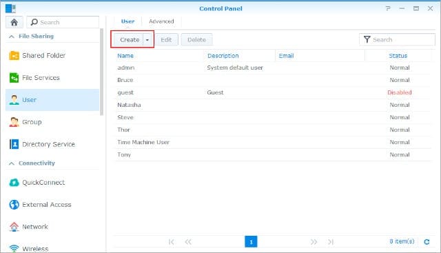 Create User window for Synology NAS drive