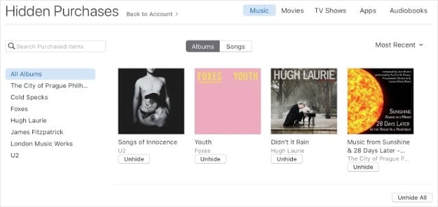 Hidden purchases in iTunes account with Unhide button