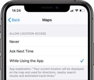 Location Services options for Maps on iPhone