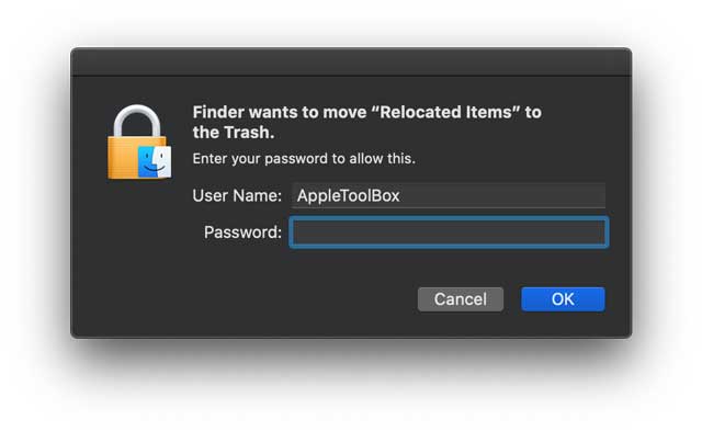 enter admin passcode to move relocated items folder to the trash