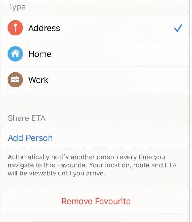 Share ETA button in Favorites