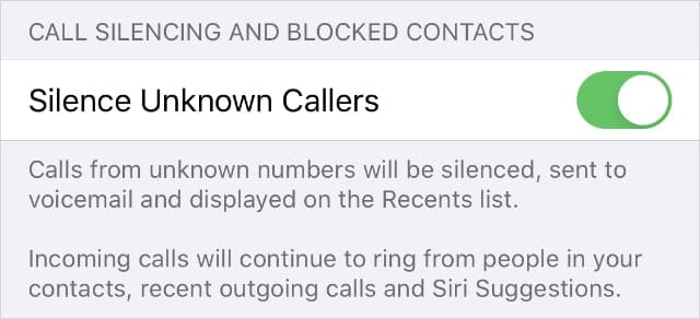 Silence Unknown Callers setting in iOS 13