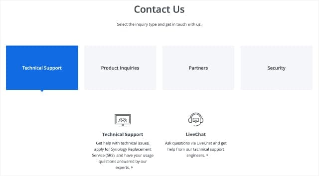 Synology Contact Technical Support webpage