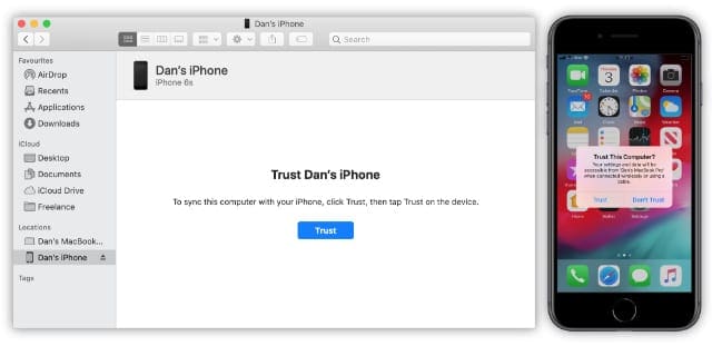 Trust this iPhone or computer in Finder on macOS Catalina