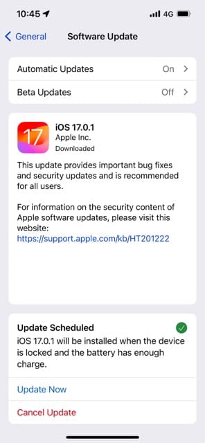 The option to upgrade to iOS 17.0.1 on your iPhone
