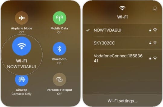 Wi-Fi network options in Control Center
