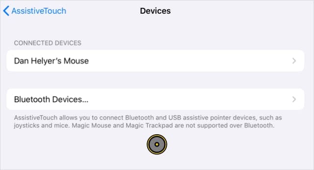 iPadOS AssistiveTouch Devices page with Bluetooth Mouse connected