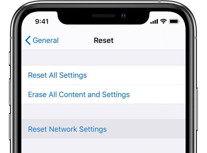Reset Network Settings button in iPhone Settings