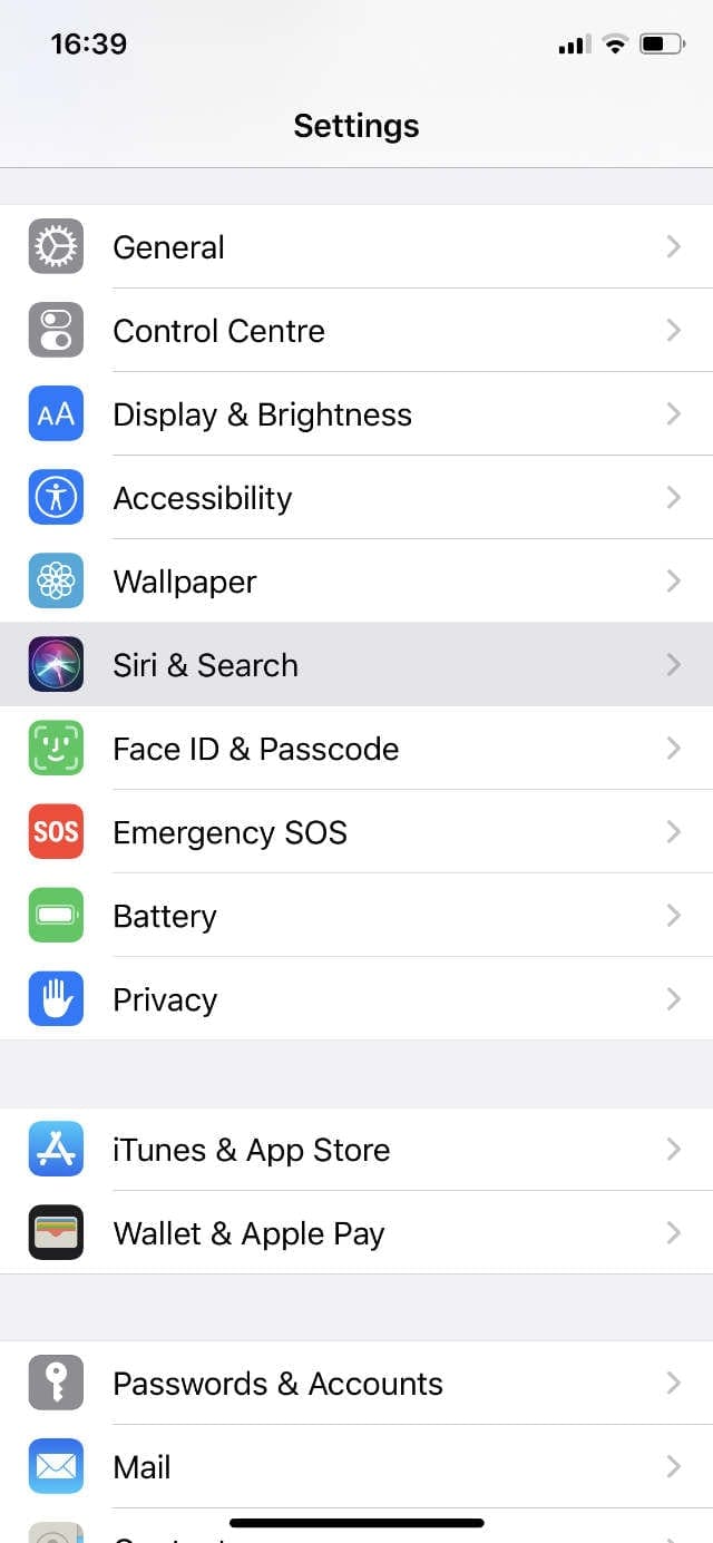 iPhone Settings showing Siri & Spotlight