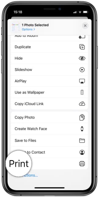 iPhone X showing Print action in Share Sheet options