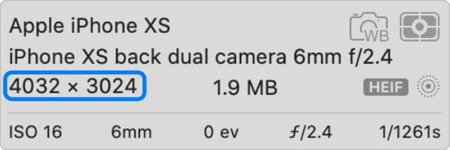 iPhone XS Photo details showing 4032x3024 pixels
