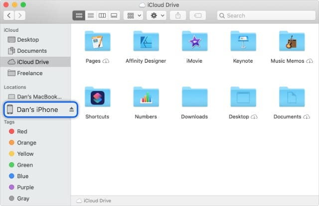 iPhone highlighted in Finder sidebar in macOS Catalina
