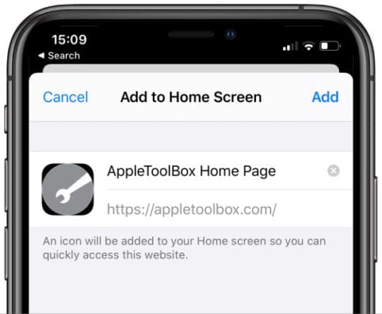 Add to Home screen save screen for AppleToolBox website