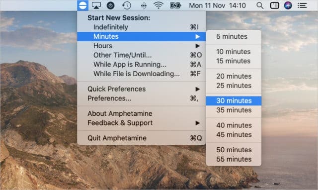 Amphetamine menu bar dropdown items starting 30-minute session