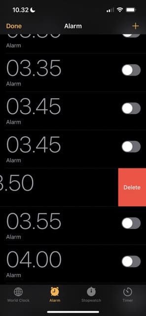 Delete an alarm in the Clock app on iphone by swiping left
