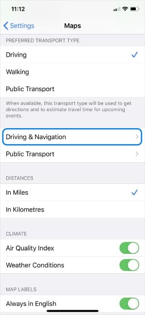Driving & Navigation option from Maps settings