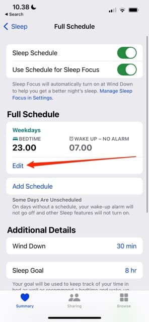 Use the Edit button to access your Sleep Schedule alarm on iOS