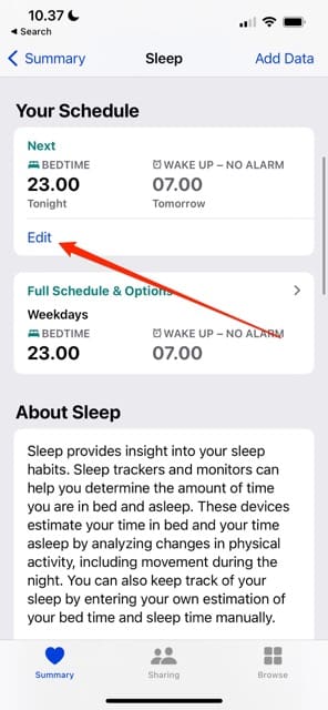 The Edit button in the Sleep section of the iPhone Health app
