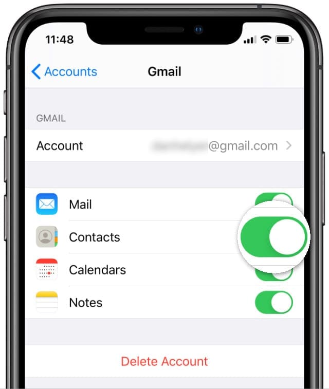 Gmail account settings highlighting Contacts button on iPhone