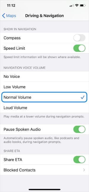 Normal Volume option from iOS Maps settings
