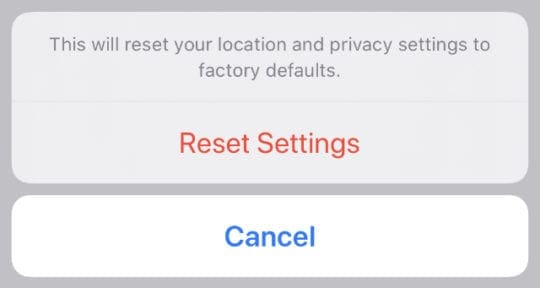Reset Settings confirmation window for Location & Privacy