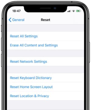 Reset Settings options on iPhone XS
