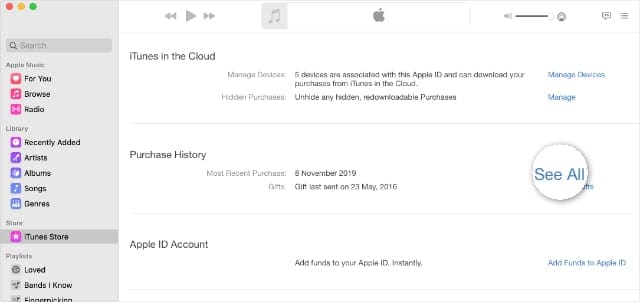 See All Purchase History button from iTunes or Apple Music Apple ID account