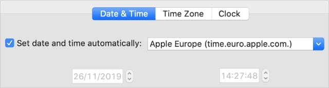 Set date and time automatically opion from Mac System Preferences