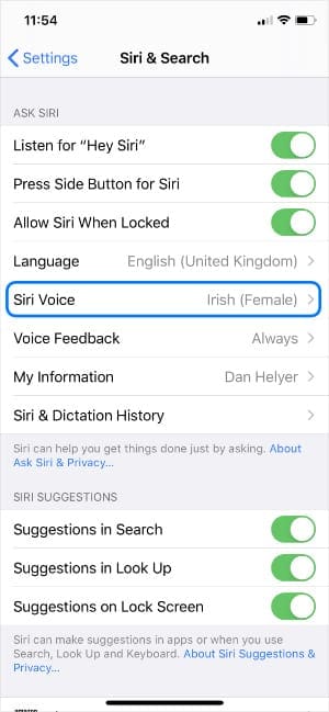 Siri voice setting in iPhone settings