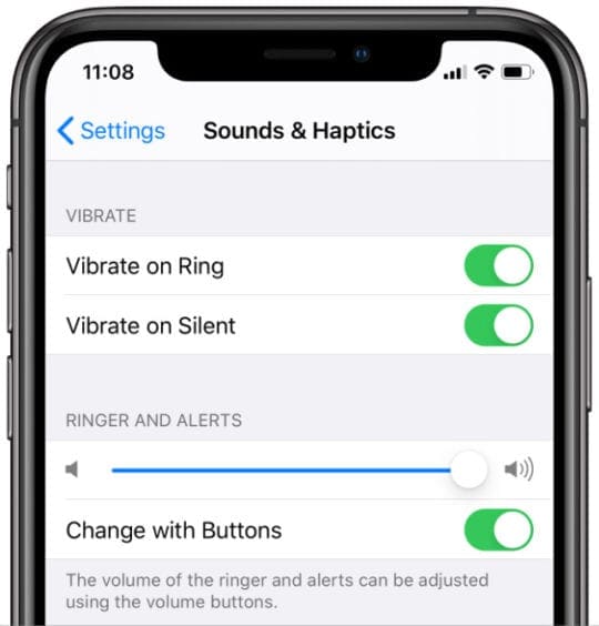 Sound & Haptics settings in iPhone X