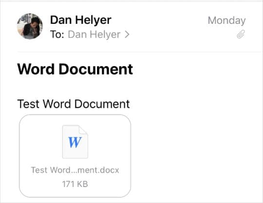 Word document attached to email in the Mail app