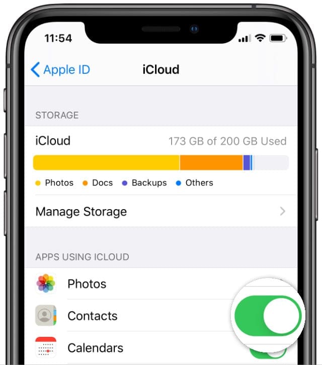 iCloud Contacts sync setting from iPhone XS