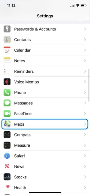 iOS Settings showing Maps option