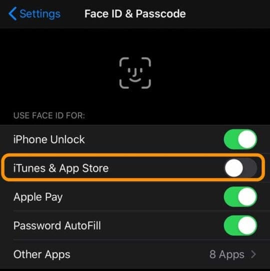 turn off iTunes & App Store in Face ID Settings