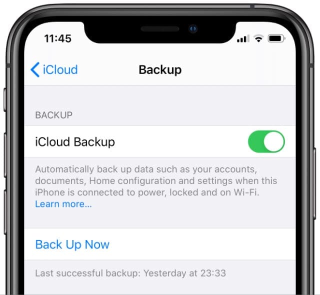 Настройки резервного копирования iPhone XS iCloud с кнопкой «Создать резервную копию»