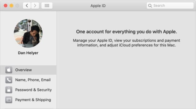 Apple ID Overview page in Mac System Preferences
