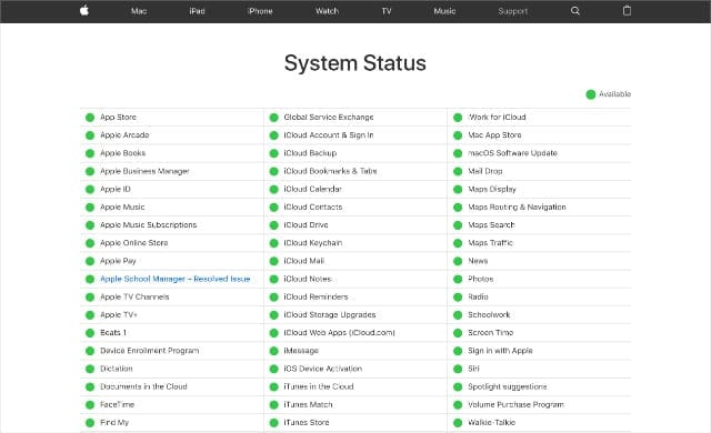 Apple System Status website