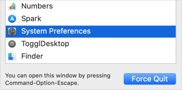 Force Quit window showing System Preferences