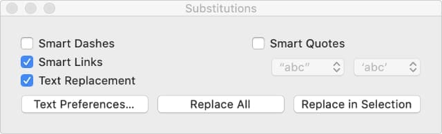Show Substitutions window with option to replace Text Replacements